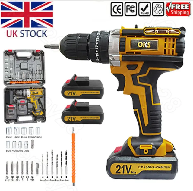 21V Cordless Drill Set Electric Screwdriver Impact Combi Driver Kit / 2 Battery