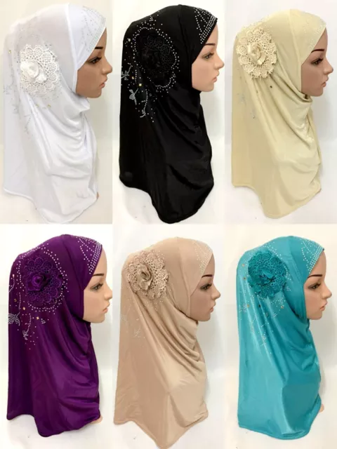 Ramadan Women Muslim Flower Hijab Crystal Long Scarf Islamic Amira Headwear Wrap