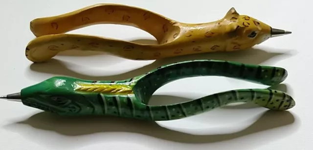 Cheetah Snake Head Hand Carved Wood Wooden Pen Lot Animal Folk Art