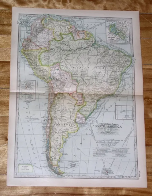 1914 Antique Dated Map Of South America / Argentina Chile Colombia Peru Brazil
