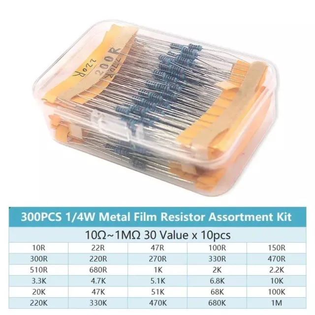 300 Pcs  Resistors Assortment Kit 30Values 10R-1M 1/4W 1% Metal Film Set Pack 2