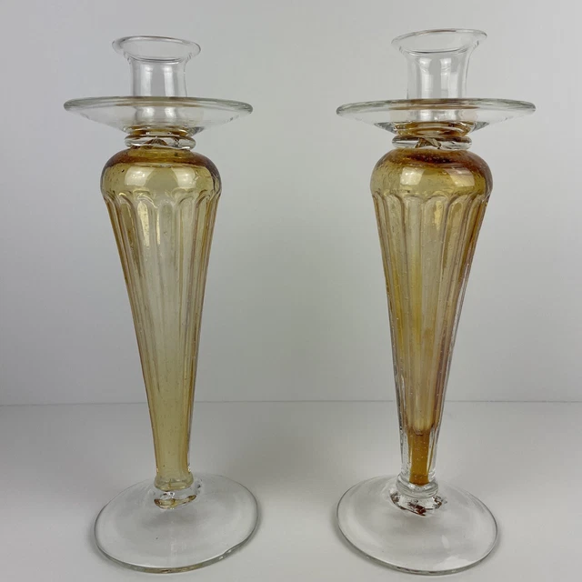 VINTAGE PAIR OF MURANO Clear & Amber Glass Candlesticks Candle