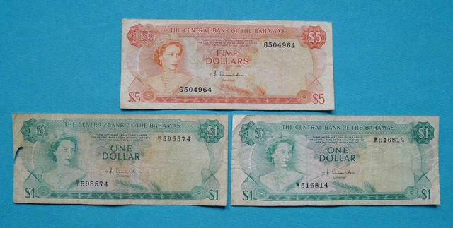 BERMUDA BANK NOTE LOT X 3: ELIZABETH 2ND, 5 DOLLARS + 1 DOLLAR (x2) 1974, TBD.