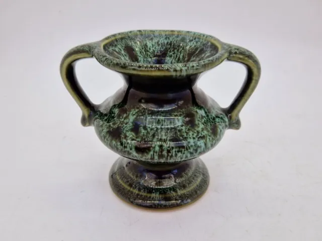 Small Two Handled Squat Urn Shaped Vase Green Drip Glaze Pottery England