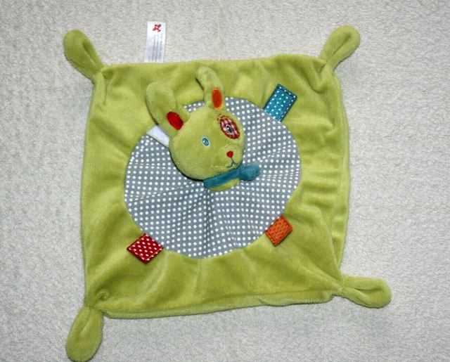 Nicotoy Doudou Lapin Plat Vert Gris Pois Blanc Cocard Echarpe Bleu Noeuds Kom9