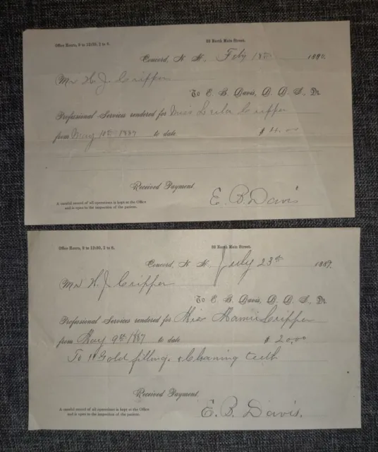 (2) 1889 Concord New Hampshire Dentist E.B. Davis Antique Bills Invoices DDS