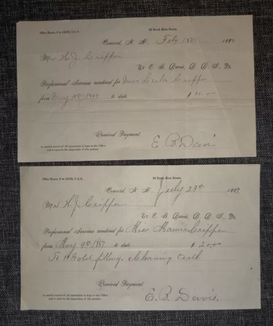 (2) 1889 Concord New Hampshire Dentist E.B. Davis Antique Bills Invoices DDS