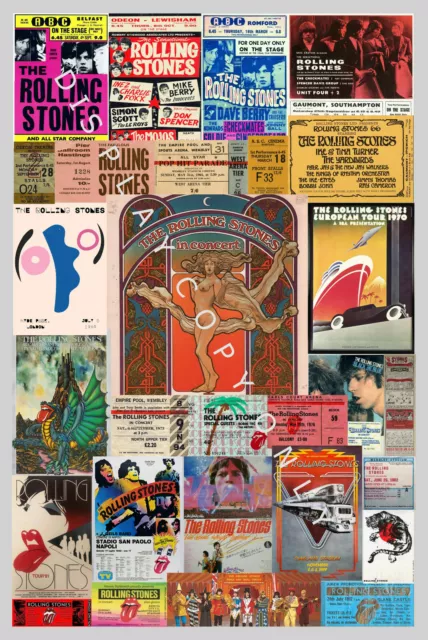 ROLLING STONES used ticket stubs/Memorabilia POSTER 60s to 80s  8in X 12inch NEW