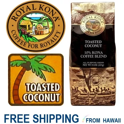 TOASTED COCONUT Flavor 8oz Ground APG 10% Blend Royal Kona Coffee Hawaii Isles