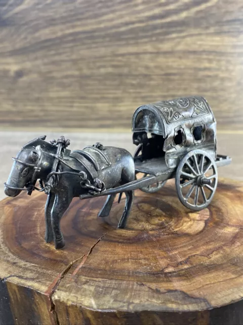 Antique donkey pulling a cart continental silver miniature figurine59.5gr #2823