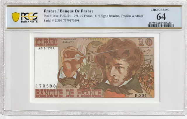 France 1978 10 Francs Certified PCGS Banknote Choice UNC 64 Pick 150c