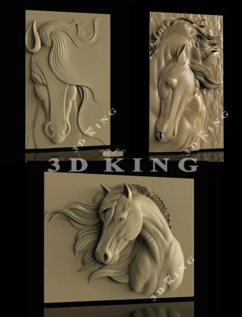 3 Pcs STL 3D Models HORSE HEADS for CNC Router Aspire Artcam 3D Printer Carving