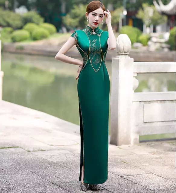 Elegant Mandarin Collar embroidery Flowers Cheongsam Chinese Style Evening Dress