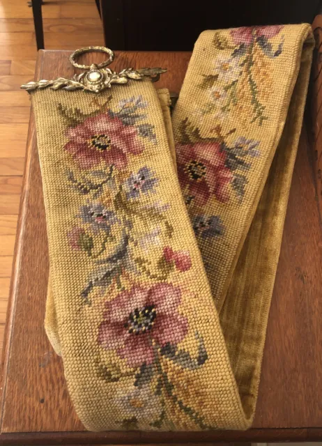 Vintage Antique 66" BELL PULL Floral Flowers Needlepoint Lined w/ BRASS HARDWARE