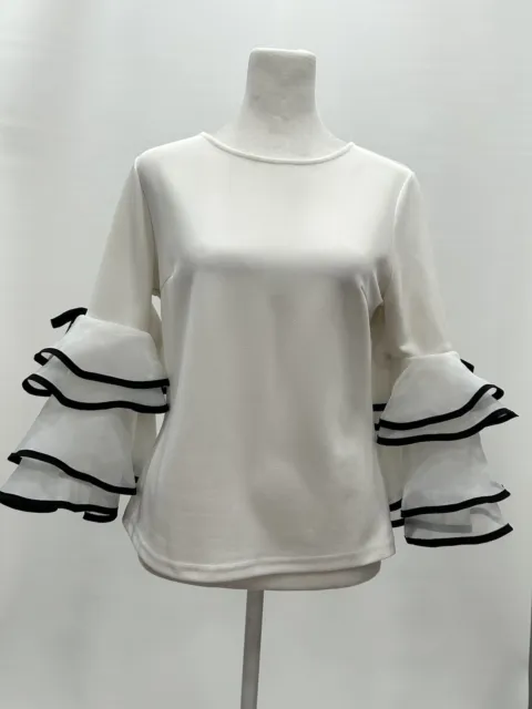 Gracia Womens Size Small White Ruffle Bell Sleeves Black Piping Bow Blouse Top