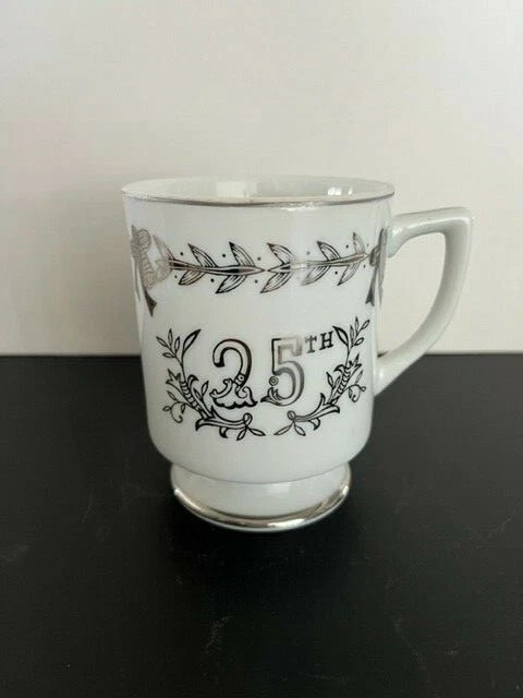 VTG Lefton 25th Anniversary Coffee Mug, Tea Cup Silver & White Hand-Painted 4657