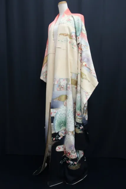 8679H5 Silk Japanese Kimono Furisode Peacock Peony Tall