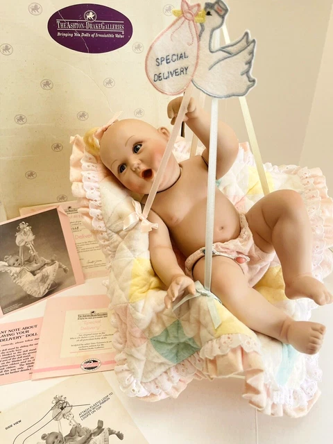 Ashton-Drake Porcelain Baby Girl Doll Special Delivery Blanket Cradle COA Tags