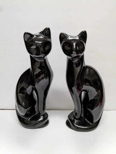 Pair Vintage 1960's MCM 10" Sleek Tall Heavy Black Siamese Ceramic Cats