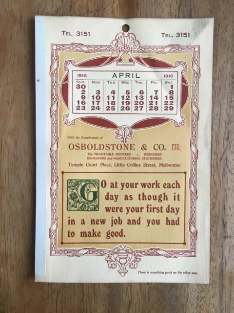 Antique April 1916 Calendar Osboldstone & Co Melbourne Printer Art Nouveau