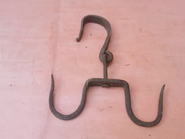 ANTIQUE VERY RARE OLD HAND FORGED WROUGHT IRON HOOK HANGER 19th