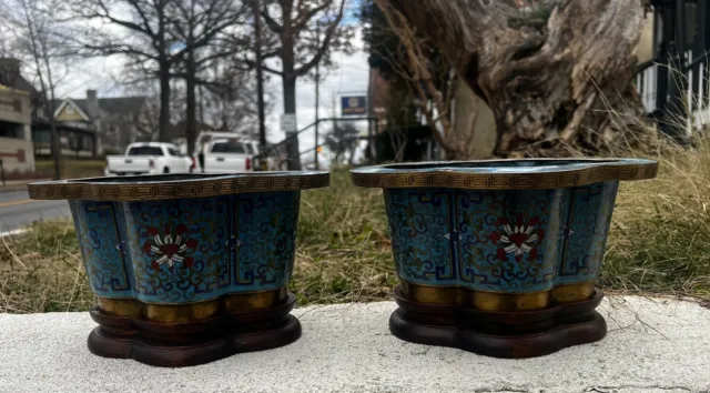 Pair of Chinese Antique 19th Century Early 1900s Cloisonné Flower Pot / Bowls