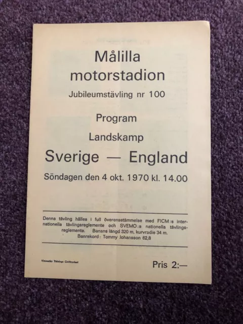 Speedway programme Test Match Malilla Sweden v England 1970