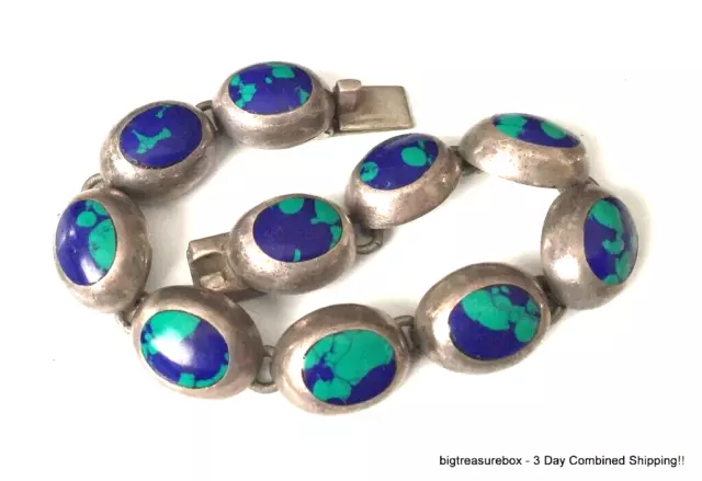 39g Vtg Bracelet MARKED TAXCO MEXICO 950 STERLING SILVER Tennis Chain Azurite