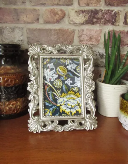 Silver Tone Ornate Flowers and Scrolls Resin Picture Photo Frame Vintage Style S