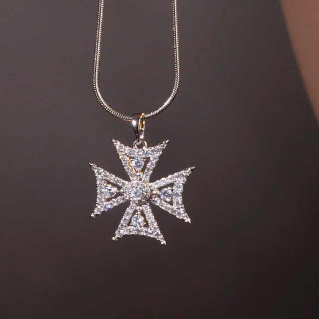 18K White GOLD MADE WITH SWAROVSKI CRYSTAL MALTESE CROSS PENDANT NECKLACE 3