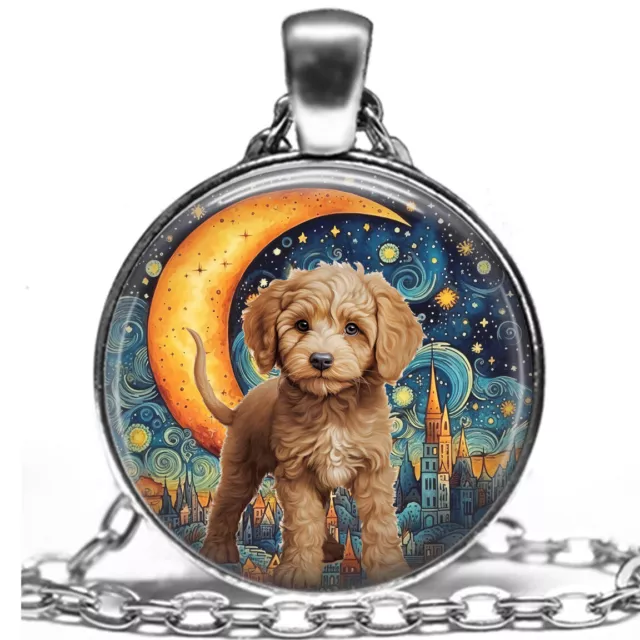 Labradoodle Necklace Starry Night Art Print Silver Charm Pendant Dog Mom Gift