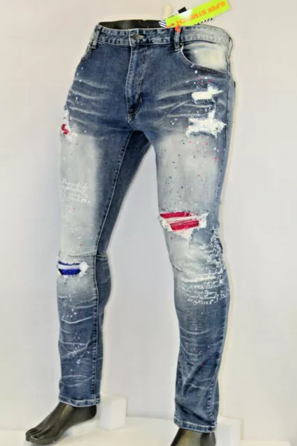 Smoke Rise DISTRESSED RHINESTONE WRITTEN WORD SUPER STRETCH JEANS BLUE JP20729D