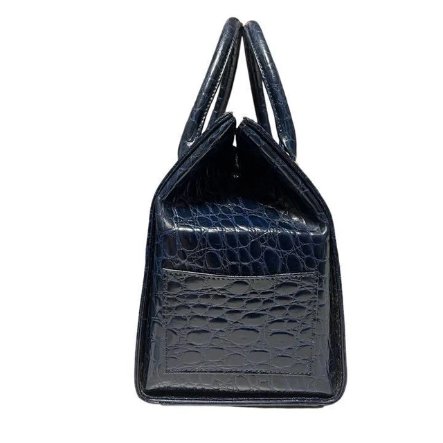 Longchamp Leather Handbag Tote Bag Croc embossed Blue with Gold Charm 3