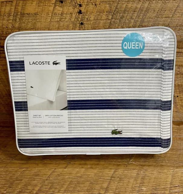 LACOSTE Sheet Set QUEEN 100% Cotton 4 Pc Percale Medival Blue