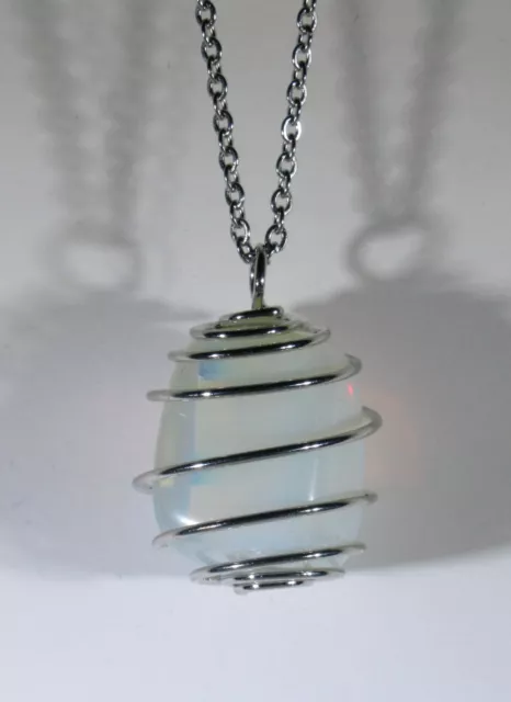 Charged Opalite Opal Moonstone Pendant Necklace + Stainless Steel Chain