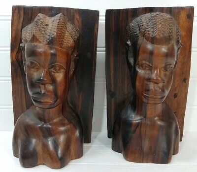 Pair 2pcSet African Tribal Man/Woman HandCarved Wood Block Bookends Statues Art