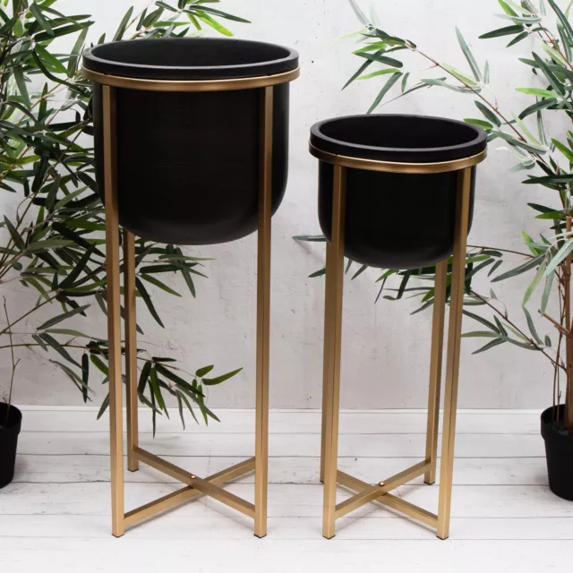 Large Black & Gold Metal Tall House Plant Flower Pot Display Stand Planter Decor