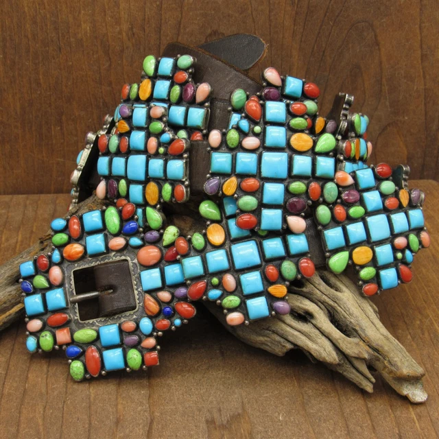 Vintage Sterling Silver and Multicolor Concho Belt by Don Lucas Vintage Sterling Silver and Multicolor Concho Belt by Don Lucas
