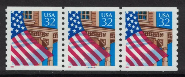 Scott 2913- MNH- PNC3 #44444, Plate Number Strip of 3- Flag over Porch, 1995