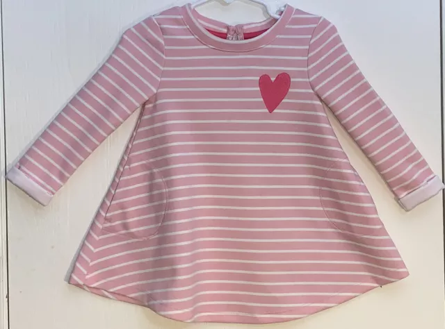 Cat & Jack Baby Girl 18M Dress Long Sleeve Pink w/ White Stripes Heart Applique