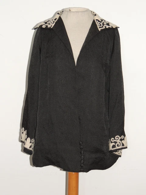 Stylish  1930's Black Silk Brocade Jacket w Cream Embroidery MME Mazzali  S - M