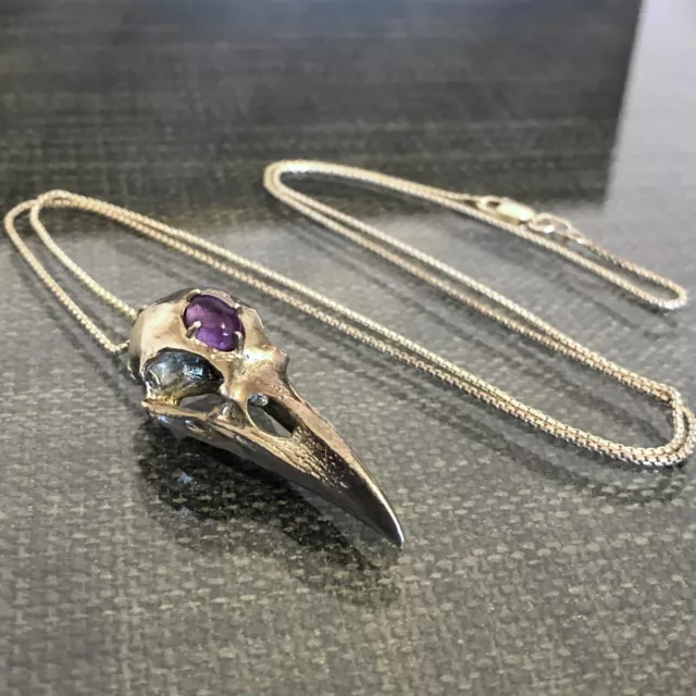 Sterling Silver Amethyst Gemstone Raven Skull Necklace Charm + Chain Fire & Bone