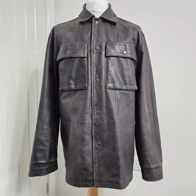 Vintage Y2K GAP Distressed Brown Thick Leather Jacket Trucker Utility Chore L