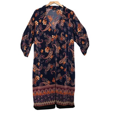 Mlle Gabrielle Women's Navy Floral 3/4 Adj Sleeve V Neck Shift Dress Size 3X