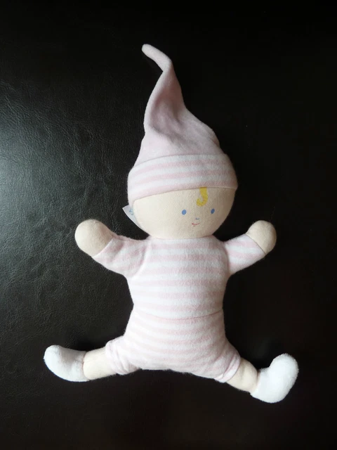 g12- DOUDOU HOCHET GRELOT COROLLE POUPEE ROSE RAYE AVEC GRELOT 19cms EXCEL. ETAT