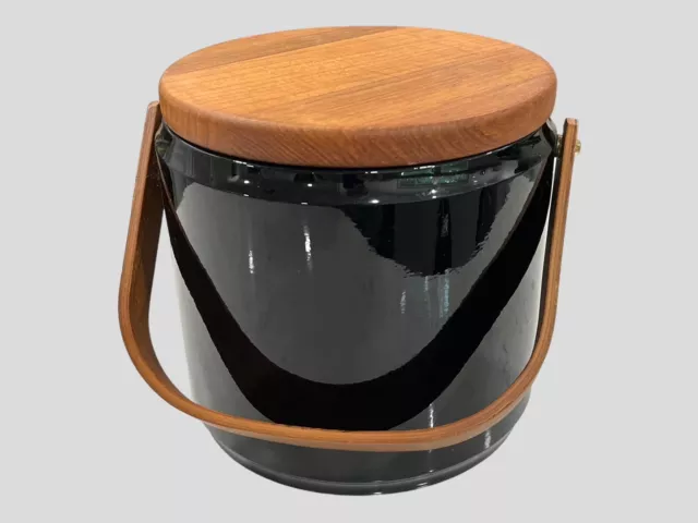 George Briard Vintage Ice Bucket Shiny Black Vinyl W/Wood Top And Handle Vintage
