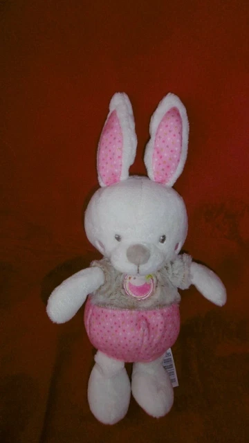 Doudou Peluche Mots d'Enfants Lapin Blanc Rose Beige 33 CM  2 dispos