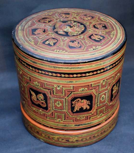 Amazing Vintage Burmese Lacquer Betel Nut Box 4 pcs Burma Myanmar Zodiac Animals 2