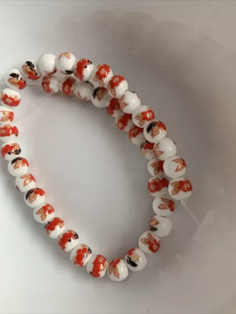 1 Strand Of White Ceramic With Flowers Beads 8mm 35beads Approximately