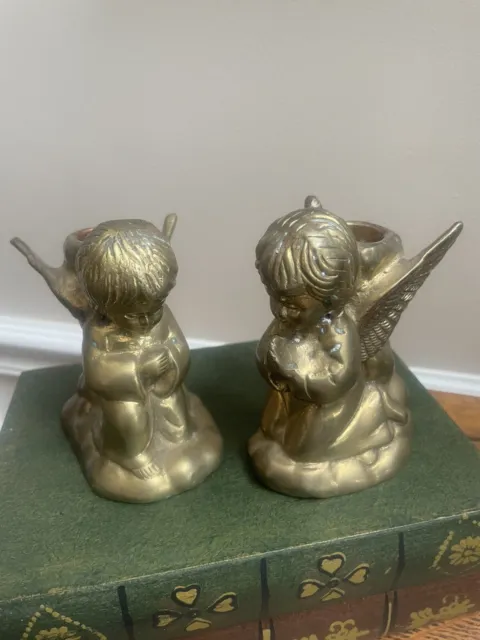 Pair of Vtg  Solid Brass Miniature Kneeling Angel Candle Holders Made in India